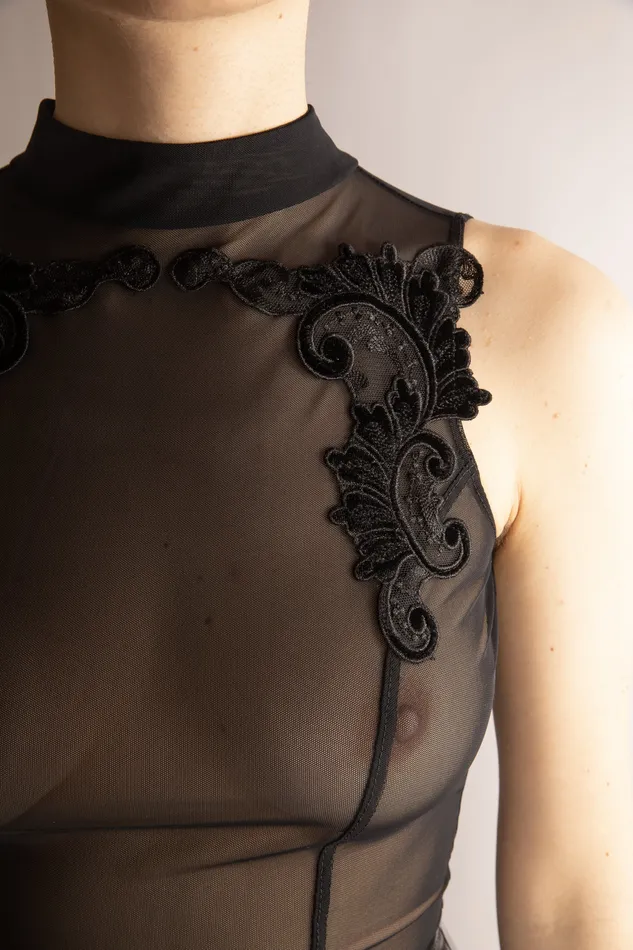 Female Sex Toys | NOIR HANDMADE Vestito Corto con Ricami in Tulle e Vinile Nero