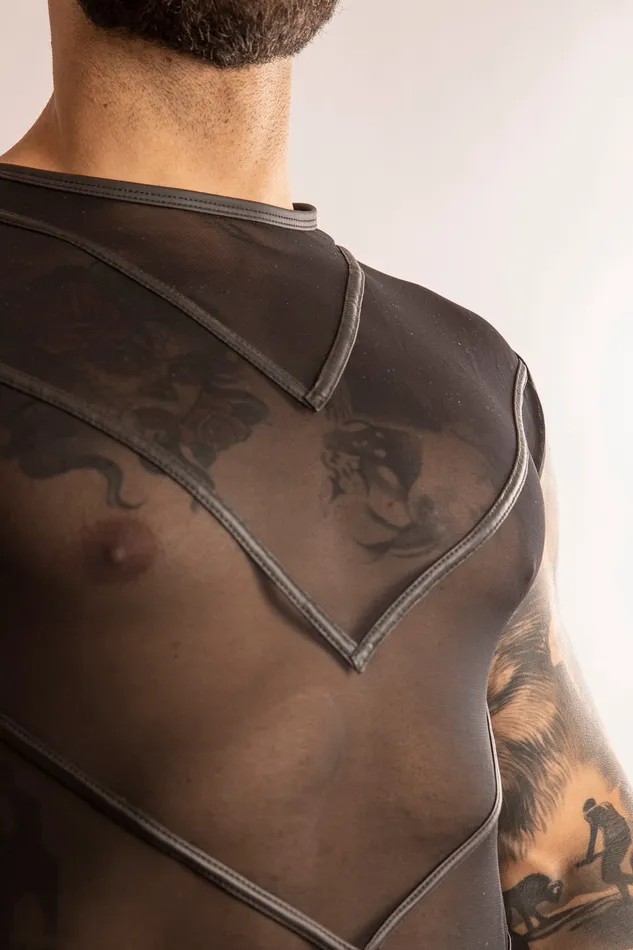 Top con Cuciture a V in Vinile e Mesh Nero | ORION Female Sex Toys